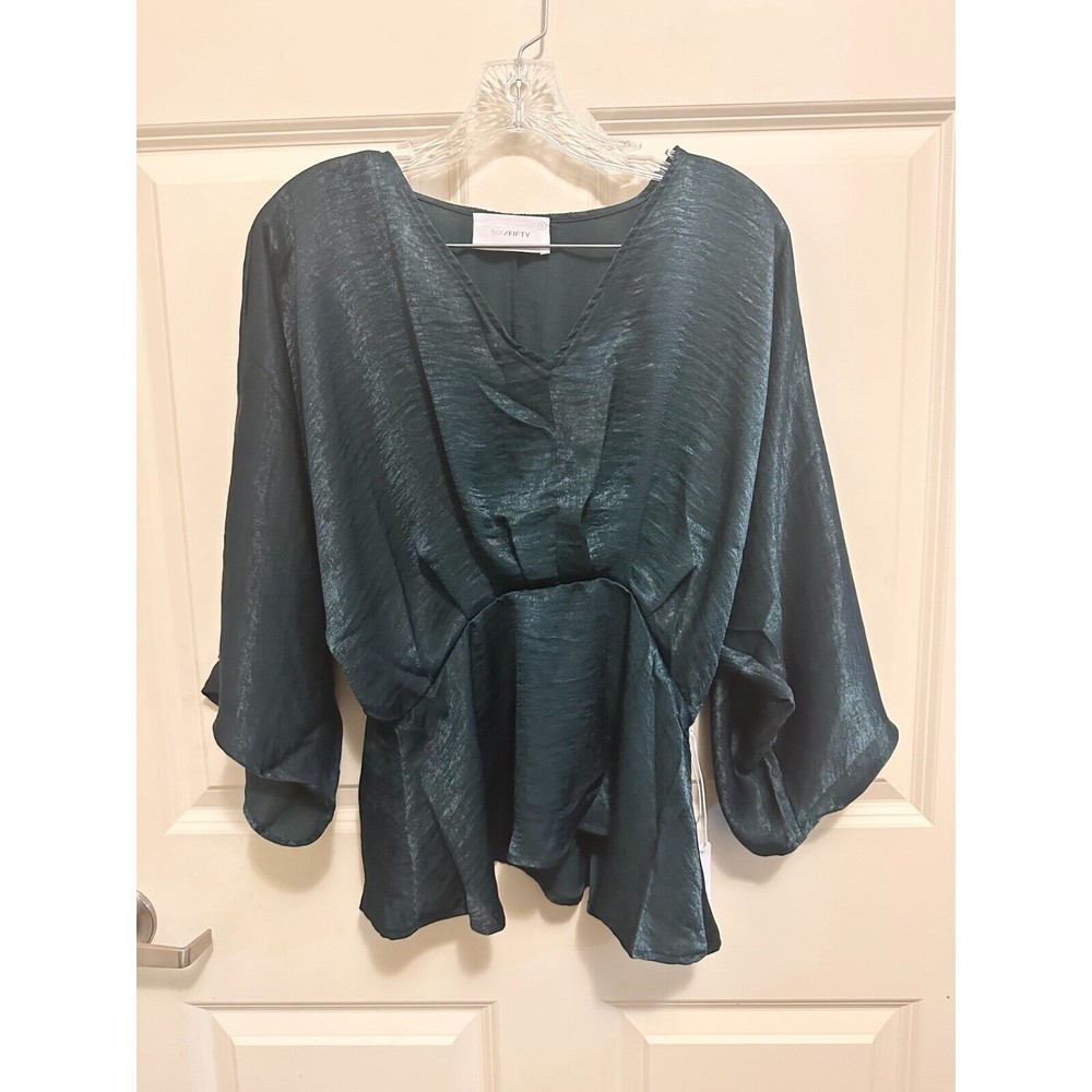Six/Fifty Opal top Hunter Emerald Green Satin Blouse Small 3/4 sleeve loose